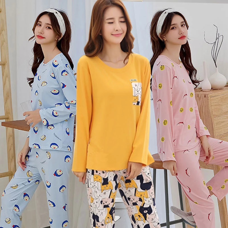Зимние хлопковые Пижамные комплекты для женщин с длинным рукавом мультяшный