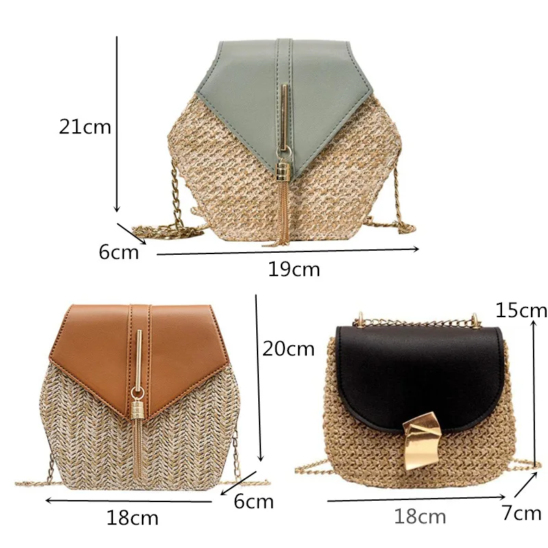 

Hexagon Mulit Style Straw+leather Handbag Women Summer Rattan Bag Handmade Woven Beach Circle Bohemia Shoulder Bag New Fashion