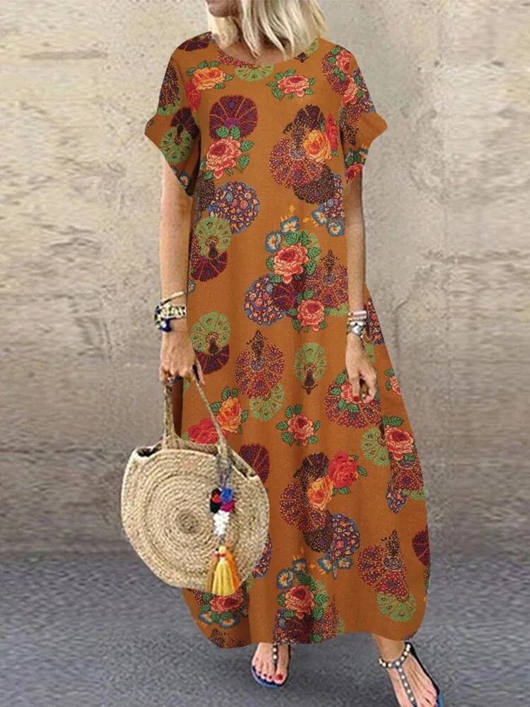 

2021 Summer Floral Maxi Dress Fashion Women's Printed Sundress Short Sleeve Patchwork Vestidos Casual Robe plus size