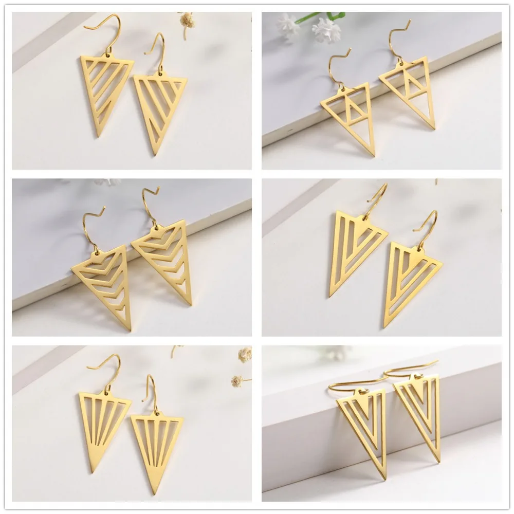 Серьги подвески из нержавеющей стали треугольные геометрические золотистые