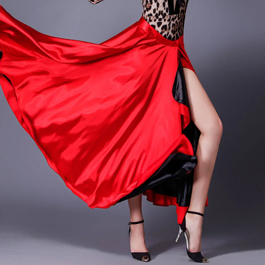 Spanish Flamenco Skirt Performance Dancing Clothing Women Red Black Hook Loop Plus Size Female Gypsy Girls Satin Silk Dress