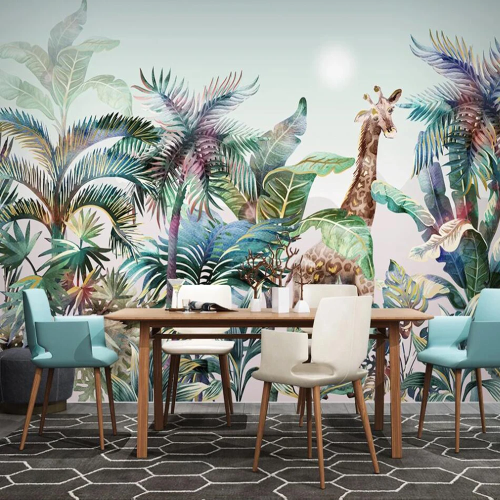 3D-обои Milofi на заказ роспись вручную тропические растения лес жираф гостиная