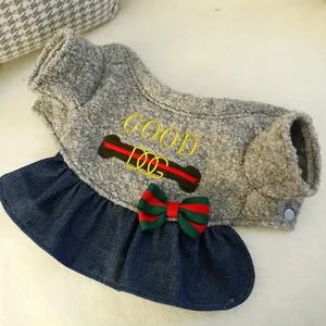 Джинсовая юбка для щенков, осенне-зимняя теплая шерстяная юбка с галстуком-бабочкой для померанского шпица, чихуахуа, куртка для маленьких собак