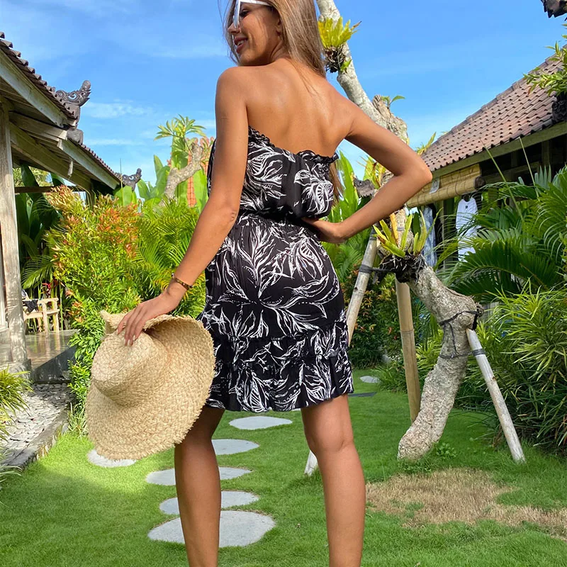 

New Women's Dress Sweet Summer Casual Bohemian Print Thin Strap Sleeveless Green Dress Floral Chiffon Elastic Sexy Female Dress