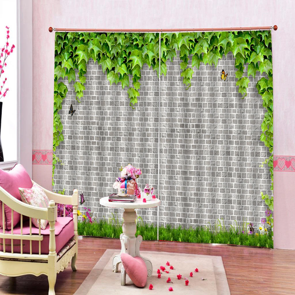 Винтажные шторы с зелеными листьями занавески рисунком кирпичной стены в