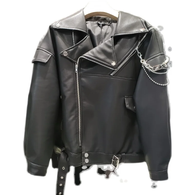 

[DEAT] Solid Black Lapel Collar Pu Washed Leather Long Sleeve Motorcycle Chain Asymmetric Loose Coat Women 2021 Spring GX643