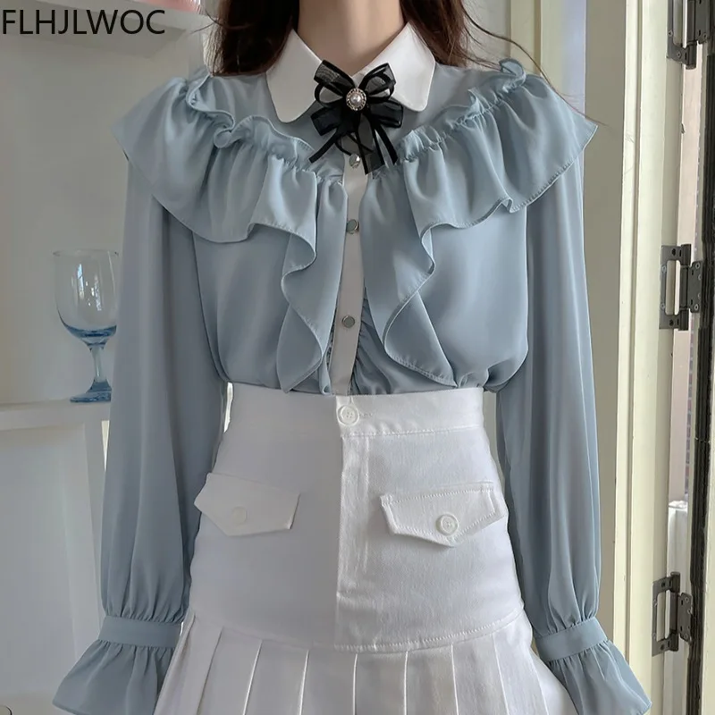 Cute Retro Vintage Ruffles Bow Tie Ribbon Tops Flhjlwoc Basic Elegant Work Formal Single Breasted Button Solid White Shirts images - 6