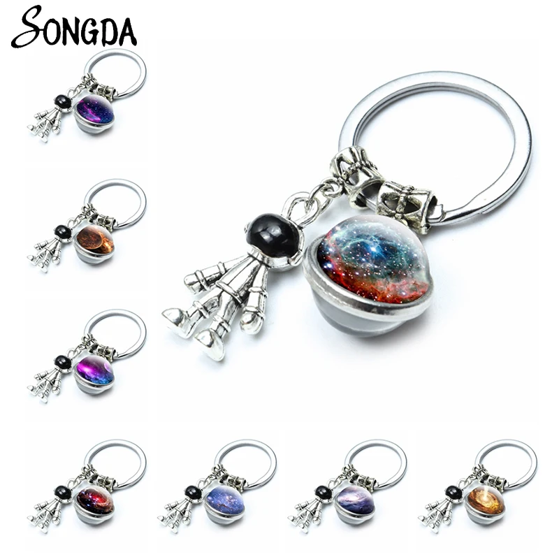

New Solar System Planet Double Side Glass Ball Keychains Robot Spaceman Keyrings Moon Earth Sun Key Chains Galaxy Nebula Jewelry