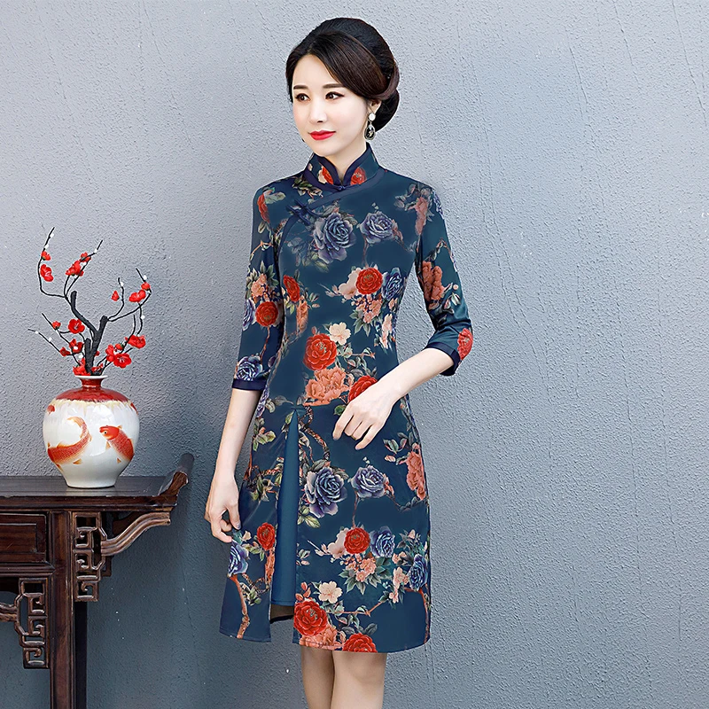 202 Модное китайское Стильное Платье До Колена Cheongsam, Новое поступление, женское шифоновое платье, элегантное платье Qipao Vestido, Размеры S M L XL XXL XXXL 189685 - Цвет: 202