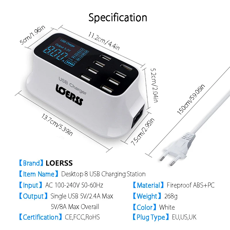 Быстрое зарядное устройство с 8 портами и светодиодным дисплеем 3 0 USB-зарядное для