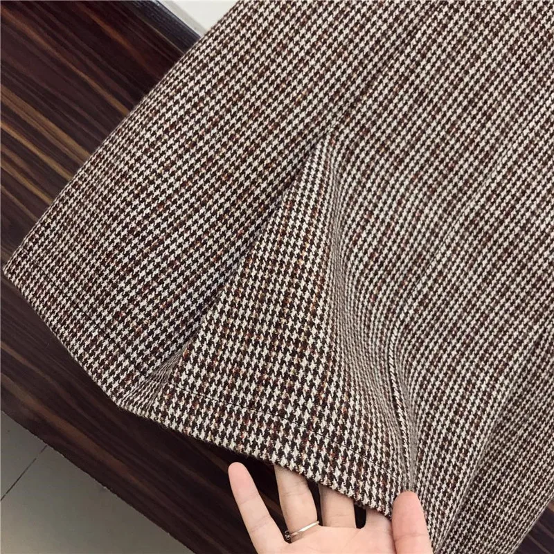 

CBAFU spring autumn skirt suit women 2 piece set half turtleneck slim knitwear pullovers plaid tweed skirt set mesh ruffles F379