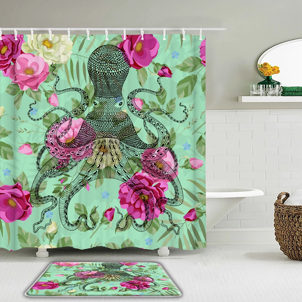 

2Pcs/Set Flowers Octopus Printed Shower Curtain Set Polyester Waterproof Bathroom Curtains With Non-slip Mat Bath Mat Decoration