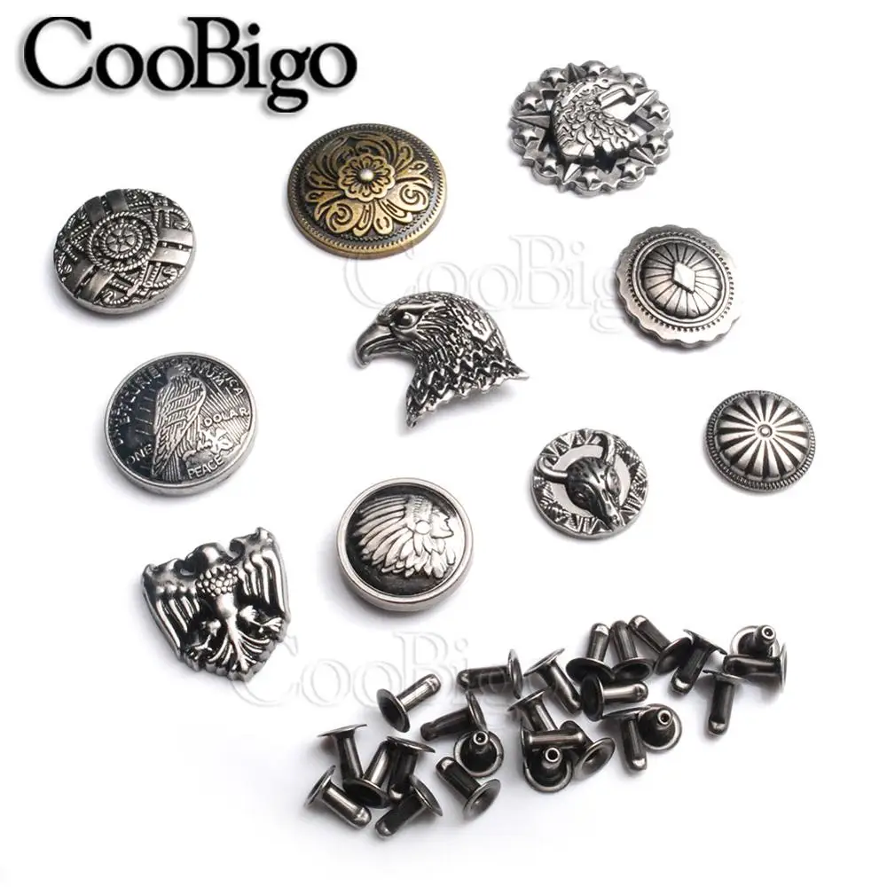 10sets Pewter Studs Rivet Spikes DIY Leather Craft Bracelet Punk Rock Garment Shoe Bag Pets Collar Parts Flower Shield eagle