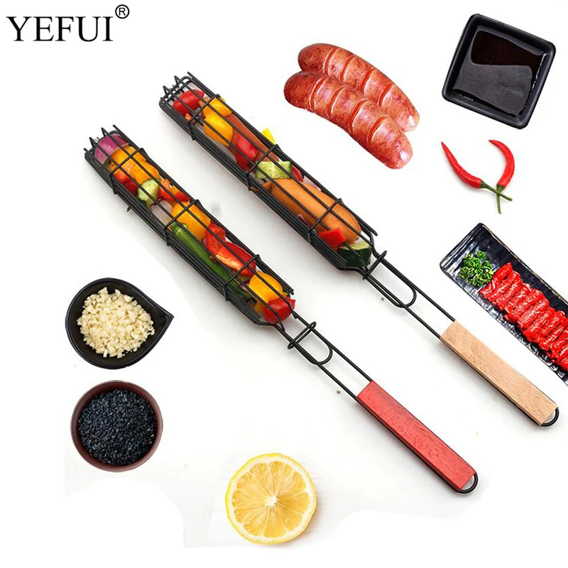 

YEFUI 1 шт. барбекю гриль корзина многоразовые прочный для барбекю сетка кебаб палка подставка для овощей деревянной ручкой Кухня инструменты