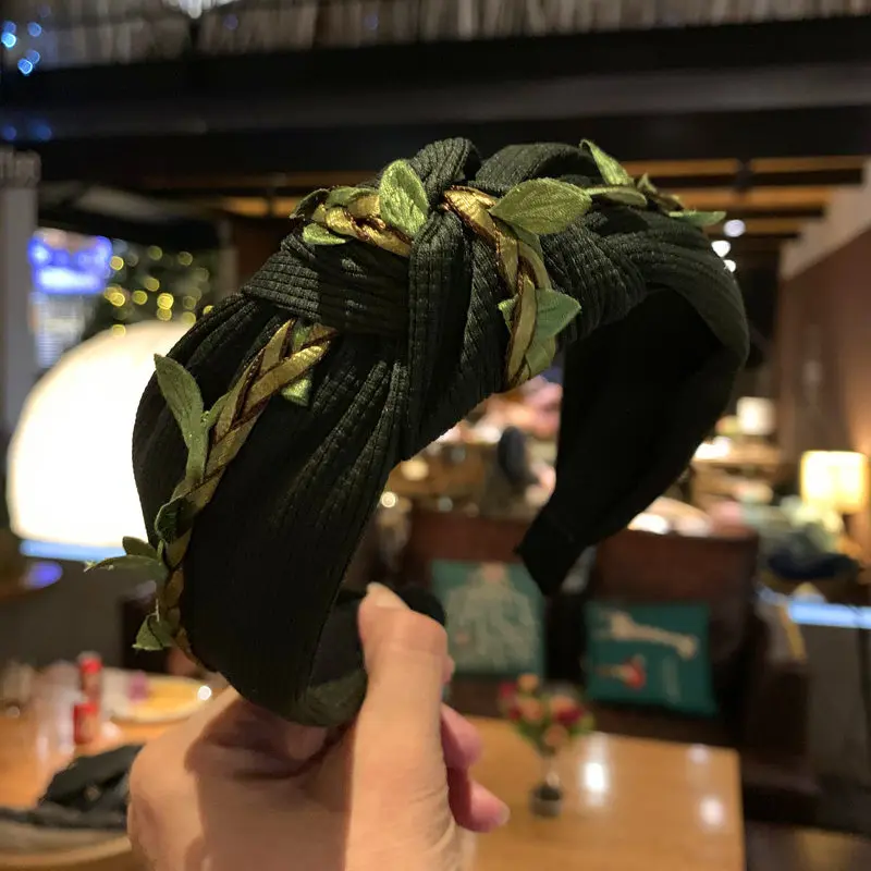 Корейские ленты для волос с зеленым листом украшенные узлом повязки женщин