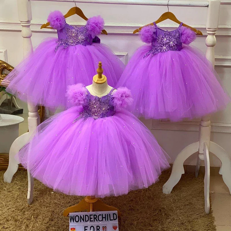 

Lilac Lace Beaded Flower Girl Dresse Spaghetti Ball Gown Little Girl Prom Dress for Wedding Party Kids Dress
