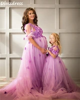 2020 new purple mother and daughter dresses flowers o neck half sleeves sweep train elegant evening dress %d0%bf%d0%bb%d0%b0%d1%82%d1%8c%d1%8f %d0%b7%d0%bd%d0%b0%d0%bc%d0%b5%d0%bd%d0%b8%d1%82%d0%be%d1%81%d1%82%d0%b5%d0%b9