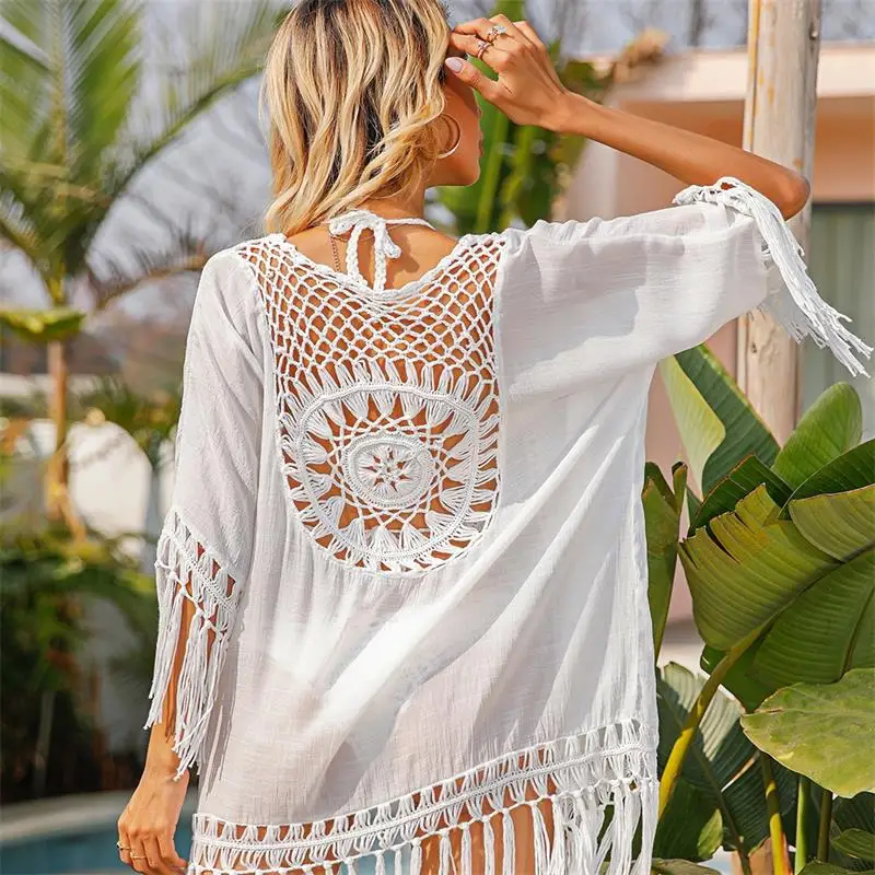 

Bikini Cover Up Lace Hollow Swimsuit Beach Dress Women 2021 Fringe Mesh Bikini Over Cardigan Beach Smock Sun-protective Clothing