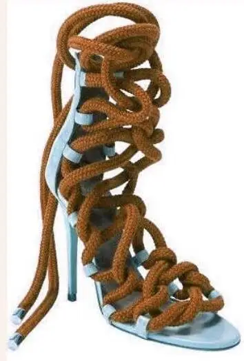 Harga Seksi Emas Tali Gladiator Sandal Desain Tali Cross Lace-Up Tinggi Bertumit Sandal Wanita Fashion Gaun Plus Ukuran Sepatu 10