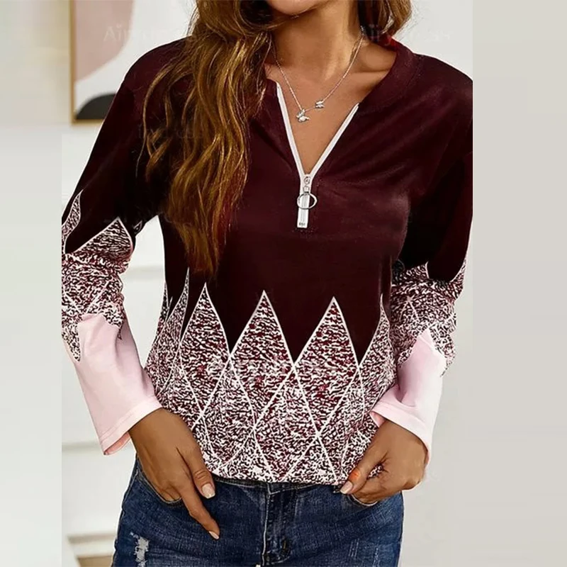 

Женская блузка с длинным рукавом, V-образным вырезом и принтом