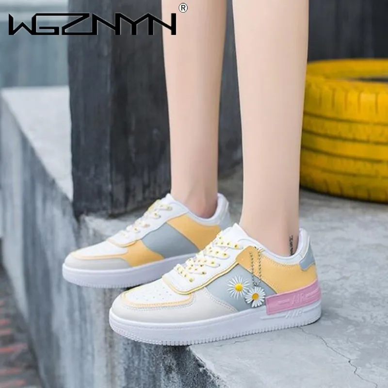 

Женские кроссовки на плоской платформе, Повседневные Дышащие спортивные туфли, на шнуровке, корейский стиль, белые, весна-осень