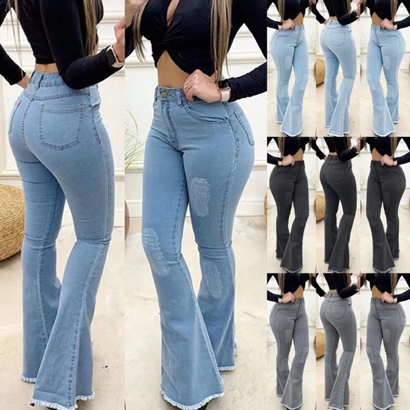 

Women High Waist Denim Jeans Solid Slim Flare Pants Ladies Skinny Full Length Jean Plus Size S-3XL