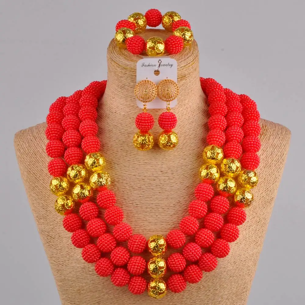 

24 inches long necklace red african beads jewelry set simulated pearl FZZ22