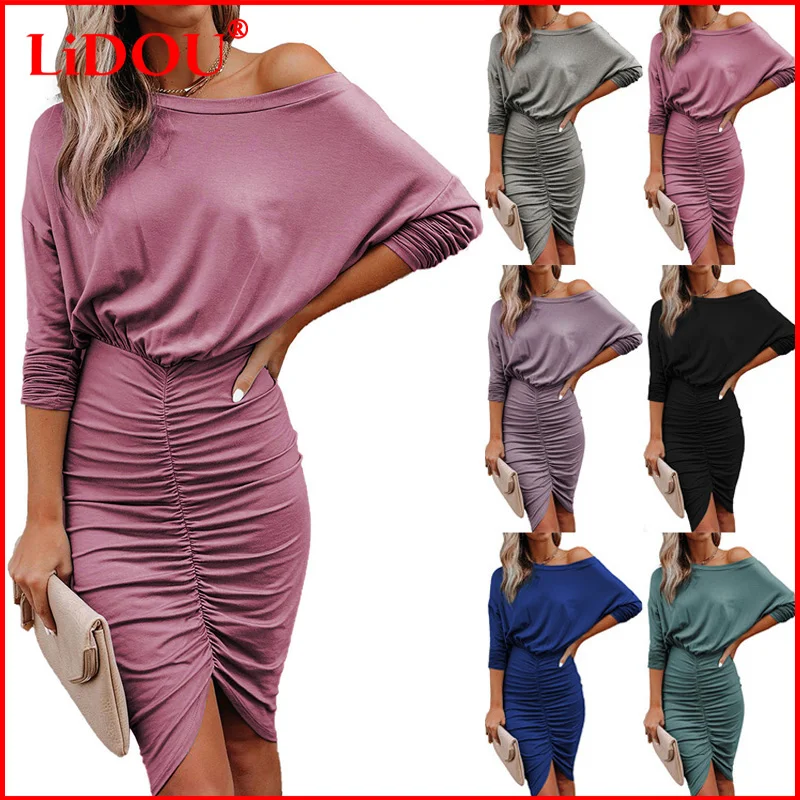 

Women Autumn Sexy Off Shoulder Bag Hip Ruched Irregular Dress High Waist Solid Slim Casual Elegant Lady Long Sleeve Midi Dresses