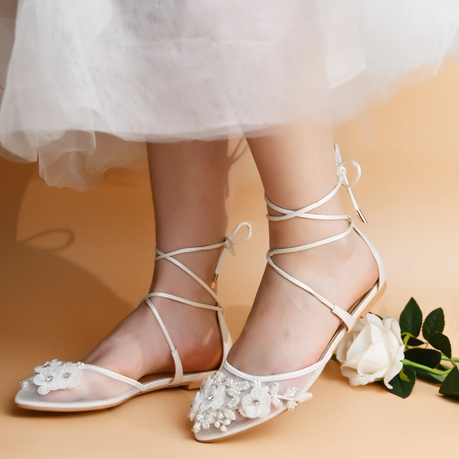 

TOPQUEEN-A86 Bandage design of hand-embroidered wedding shoes with flat bottom Summer mesh wedding shoes