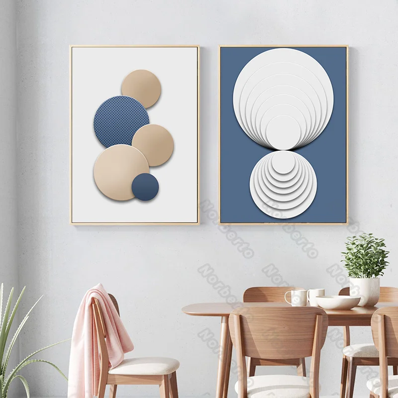 

Nordic Canvas Painting Poster Abstract Geometric Patterns White Blue and Yellow Circles Shells Lines for Home Rooms Wall Deco