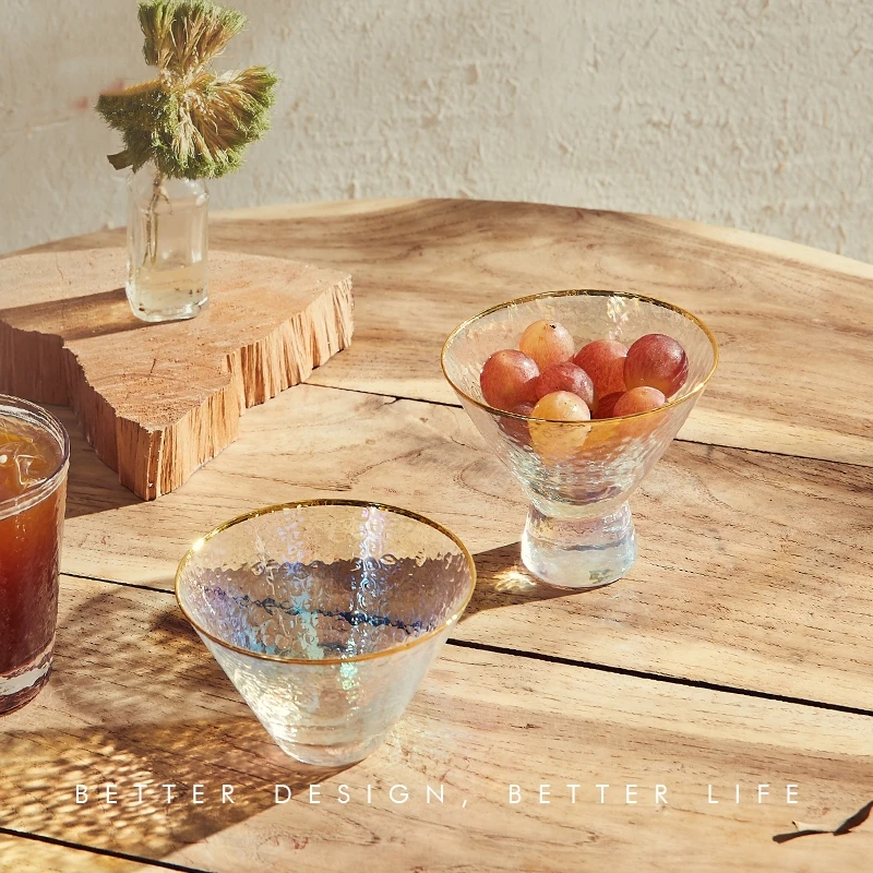 

Grid life colorful tracing gold hammer pattern bowl glass ice cream dessert cup Japanese style goblet ins style