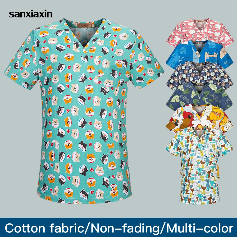 

new Floral cute Animal print spa uniform beauty salon nursing uniform lab uniform pet shop Scrub uniform salon care clothes