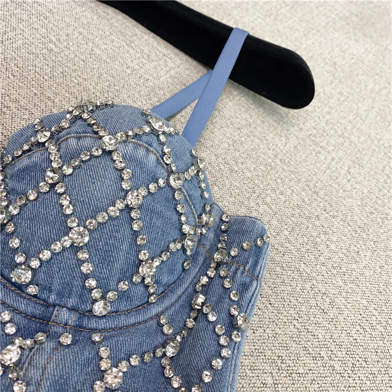 2020 Fall Winter Woman Slim Fit Three-Dimensional Cup Rhinestone Short Denim Camisole Top Female Lady Night-Club Wear Bra