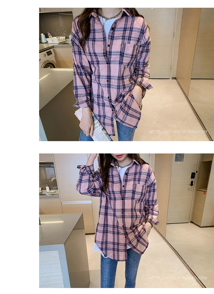 Повседневные женские рубашки, корейская модная одежда, blusas mujer de moda, свободные женские топы, офисные женские рубашки в клетку, женские 6858 50