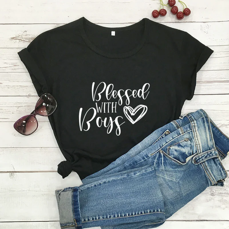 

Blessed with Boys Printed New Arrival Women's Summer Funny Casual Cotton T-Shirt Blessed Mom Lift Shirts Mom of Boys Shirt R472