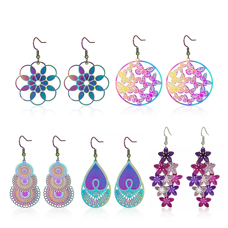 

Origin Summer Exaggerated Colorful Hollow Waterdrop Flower Dangle Earrings for Women Stainless Steel Butterfly Earrings Jewelry