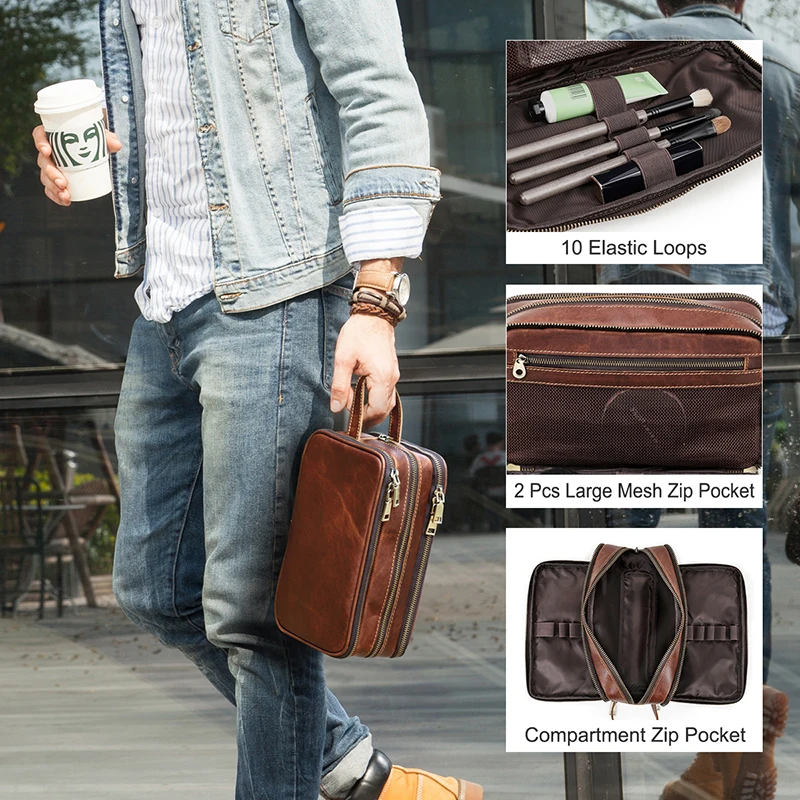 Kopen Crazy Horse Lederen Mannen Wassen Tas Toevallige Reizen Comestic Storage Case Clutch Handtas Make Organisator Mannelijke Toilettas Neceser