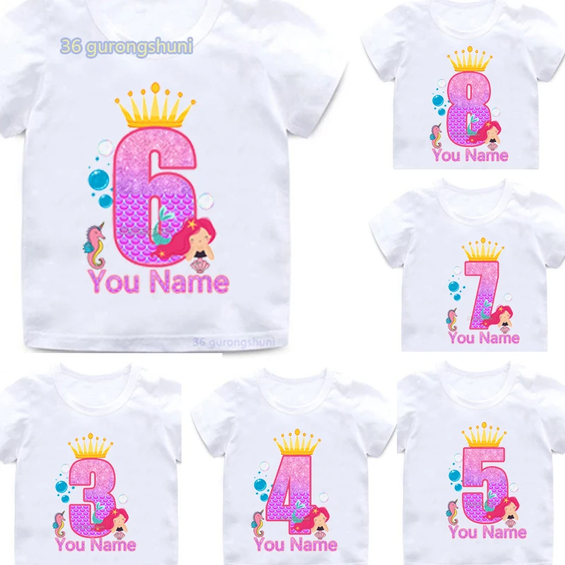 happy Birthday Print graphic t shirts children clothes Cartoon Mermaid 1 2 3 6 th clothing girl boy kids tops for girls t-shirts