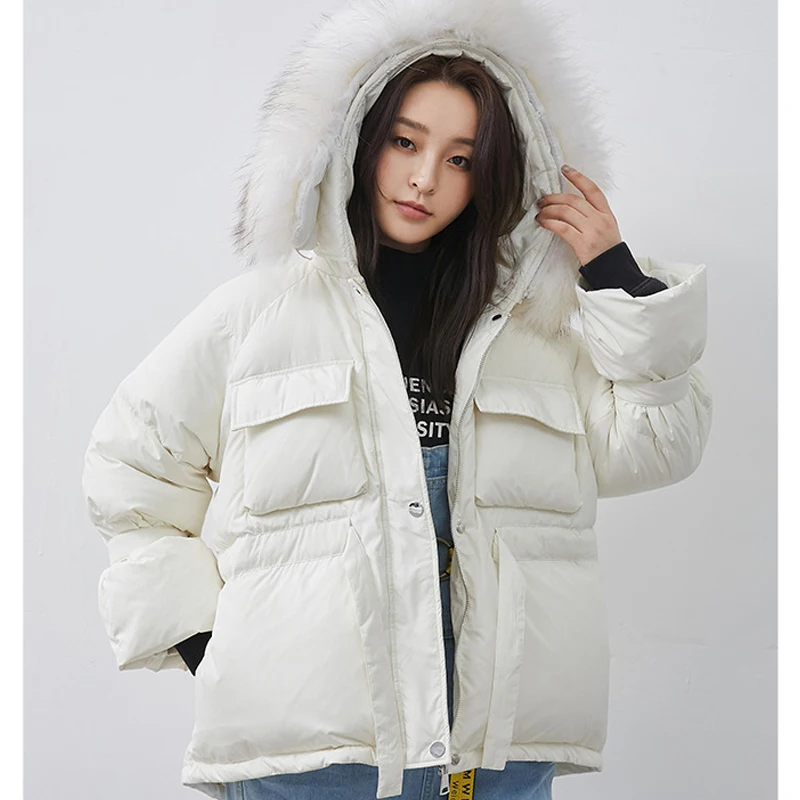 

Fitaylor New Winter Women Coat 90% White Duck Down Parkas Thick Large Real Raccoon Fur Hooded Jacket Loose Short Overcoat