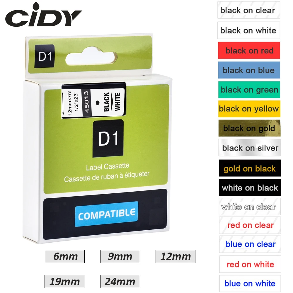 

1pcs CIDY Compatible dymo D1 tapes 45010 45013 40910 40913 43613 43610 ribbon cassette for Dymo label manager LM160 210D