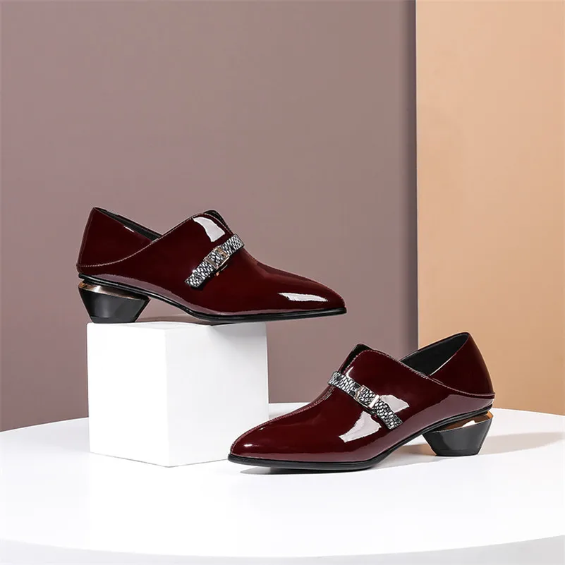 

Meotina Pointed Toe Women Shoes Genuine Leather Med Heels Chunky Heel Pumps Buckle Ladies Footwear Spring Wine Red Big Size 43