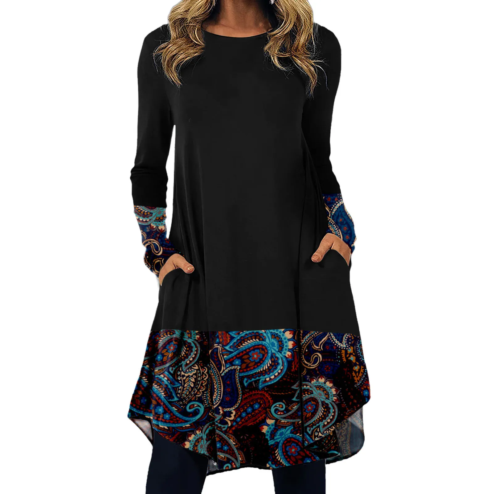 

Woman Casual Dress Pluss Size Long Sleeve Midi Dress Bohemian Style Graphic Print Autumn Spring Dress 2022