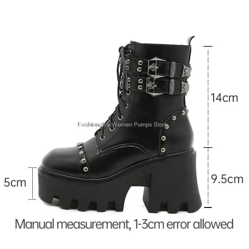

women platform short boots thick-soled metal buckle decro motorcycle boots female gothic black booties punk ladies street shoes