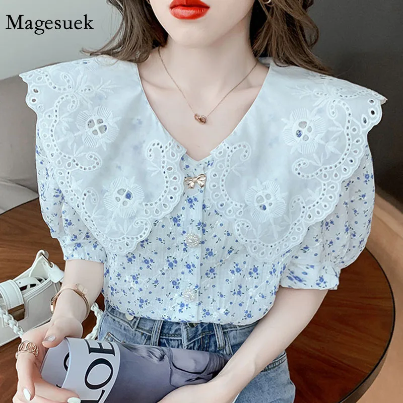 

Женская ажурная блузка с цветочным принтом, Повседневная Свободная рубашка в Корейском стиле с большими лацканами и коротким рукавом, лето ...