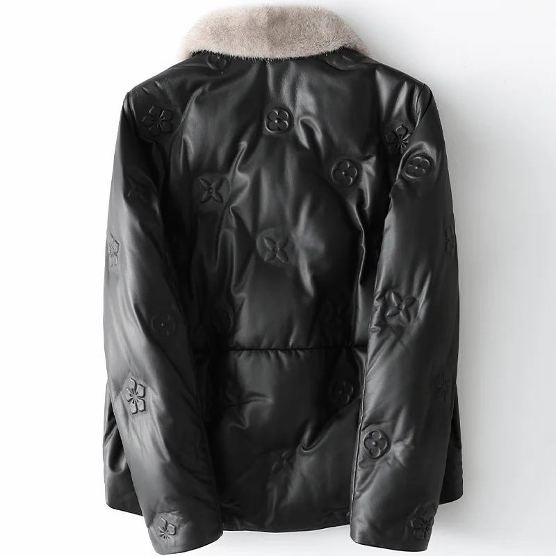 Winter Loose Printing Fashion New Mink Fur Collar Leather Down Jacket Autumn 2021 Women's Classic Sheepskin High-End Black Coat