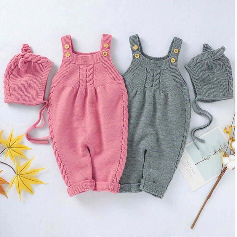 

Baby Rompers Infant Boys Girls Jumpsuits Clothes Autumn Solid Knitted Newborn Toddler Kids Overalls Long pants One Piece Hat