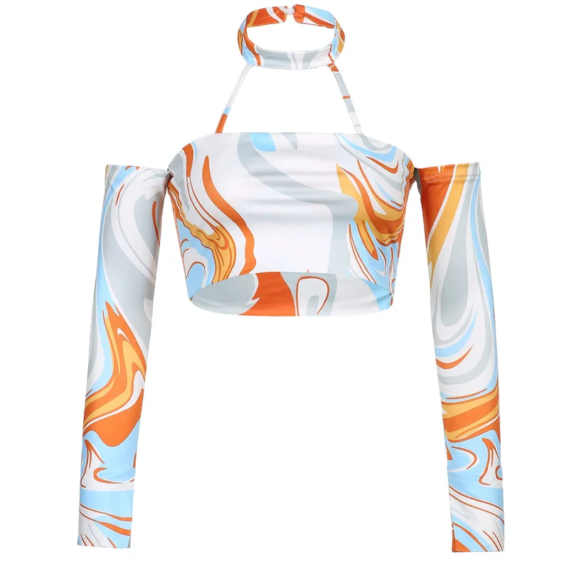 

Women's Halter Crop Tops Slim Tube Top Party Club Streetwear Off Shoulde Orange Lady Tee Irregular Printed Long Sleeve T-Shirt
