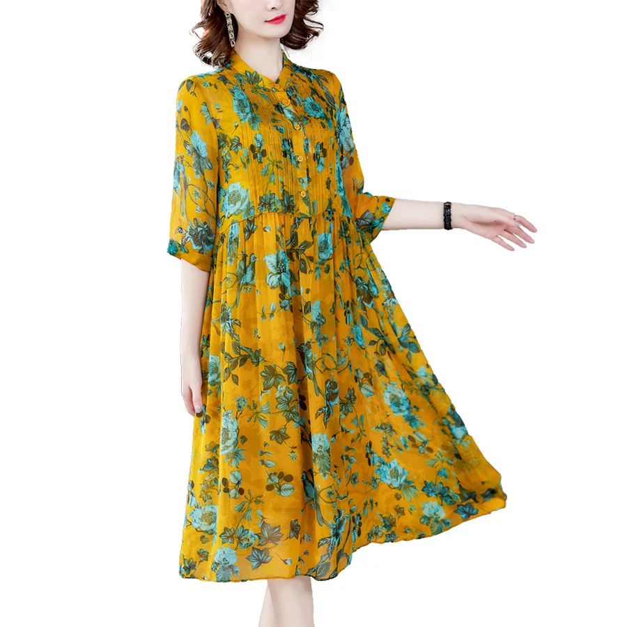 

2021 Summer Yellow Floral Mulberry Silk Midi Dress Classy Female Vintage Plus Size Beach Sundress Bodycon Party Runway Vestidos