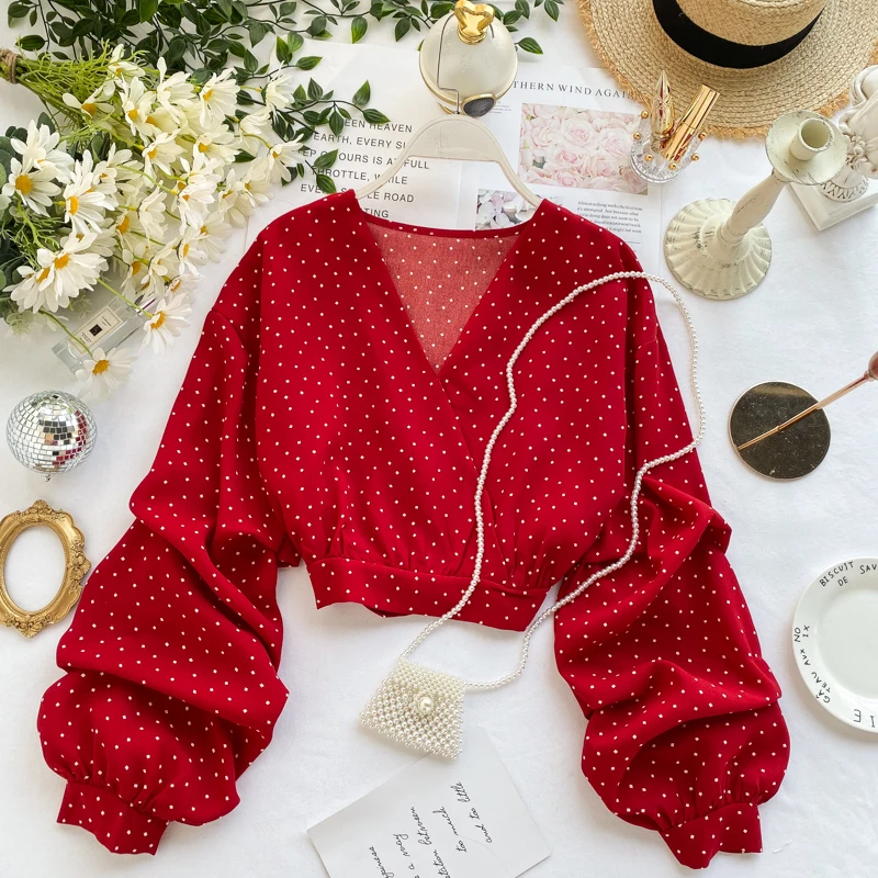 2019 Новая модная женская одежда осенняя рубашка с v образным вырезом и пышными