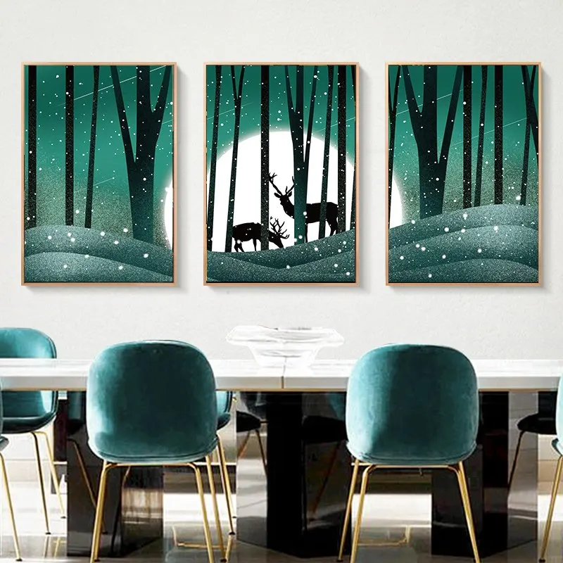 

Постер в скандинавском стиле 3 шт., рисунок на холсте с изображением оленя, леса, пейзажа, настенная живопись, украшение для гостиной